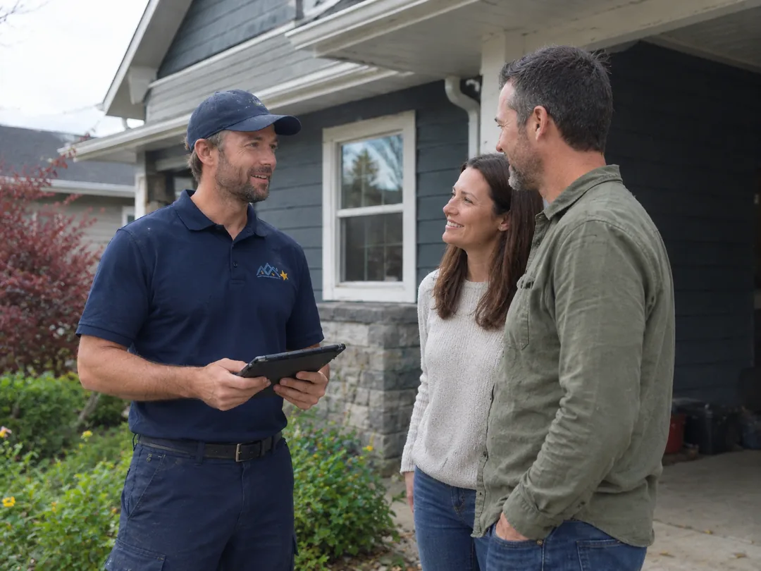 Attic Star technician in a navy uniform reviewing an inspection on a tablet with two homeowners outside their home