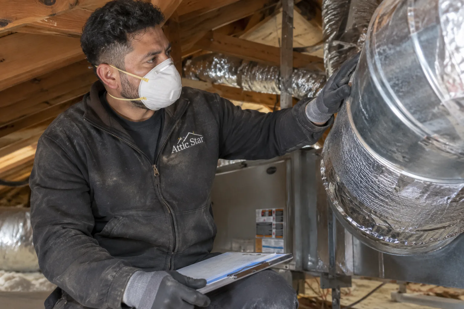 Inspecting an insulated duct-to-plenum connection at the air handler in an attic, using a clipboard to document airflow issues before repair.