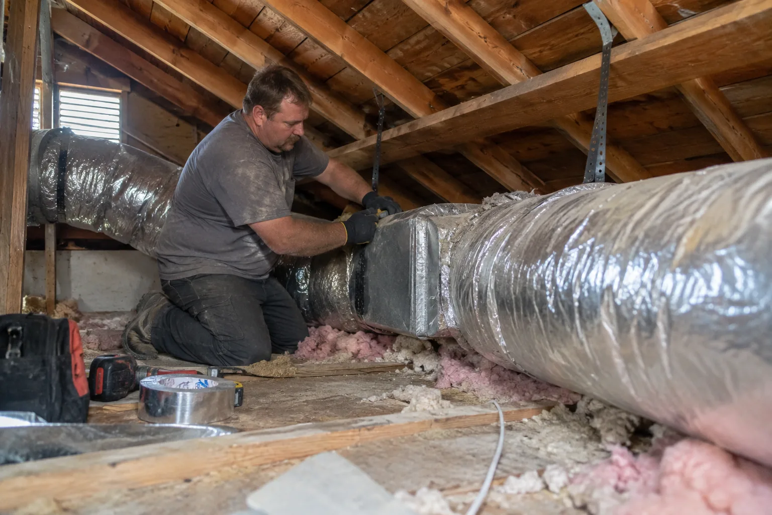 Sealing a repaired section of flexible ductwork with foil tape in an attic, with batt insulation and hand tools nearby.