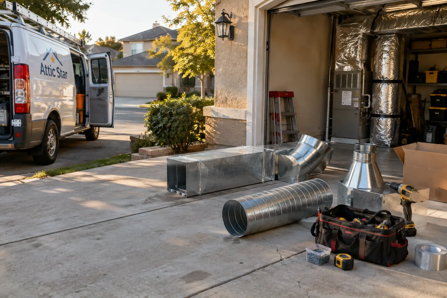 Sheet-metal duct sections, fittings, and tools staged in a driveway and garage ahead of an air duct replacement job.