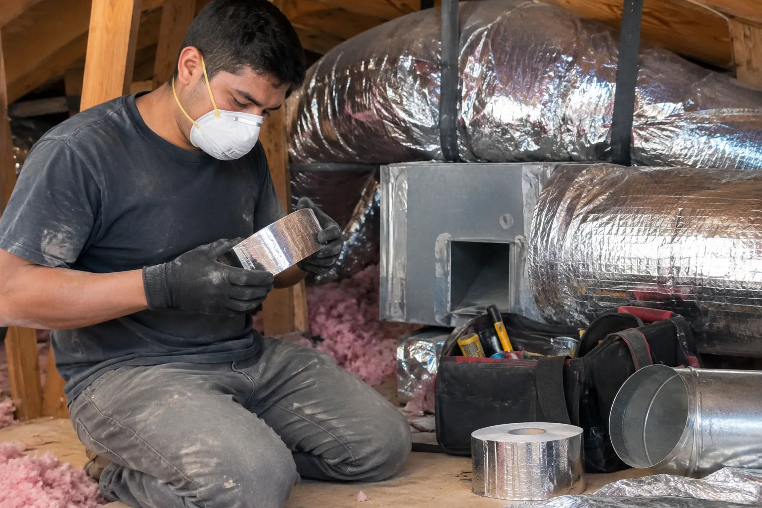 Wrapping foil tape around a duct-to-plenum connection in an attic to seal it after a repair, with a tool bag staged nearby.