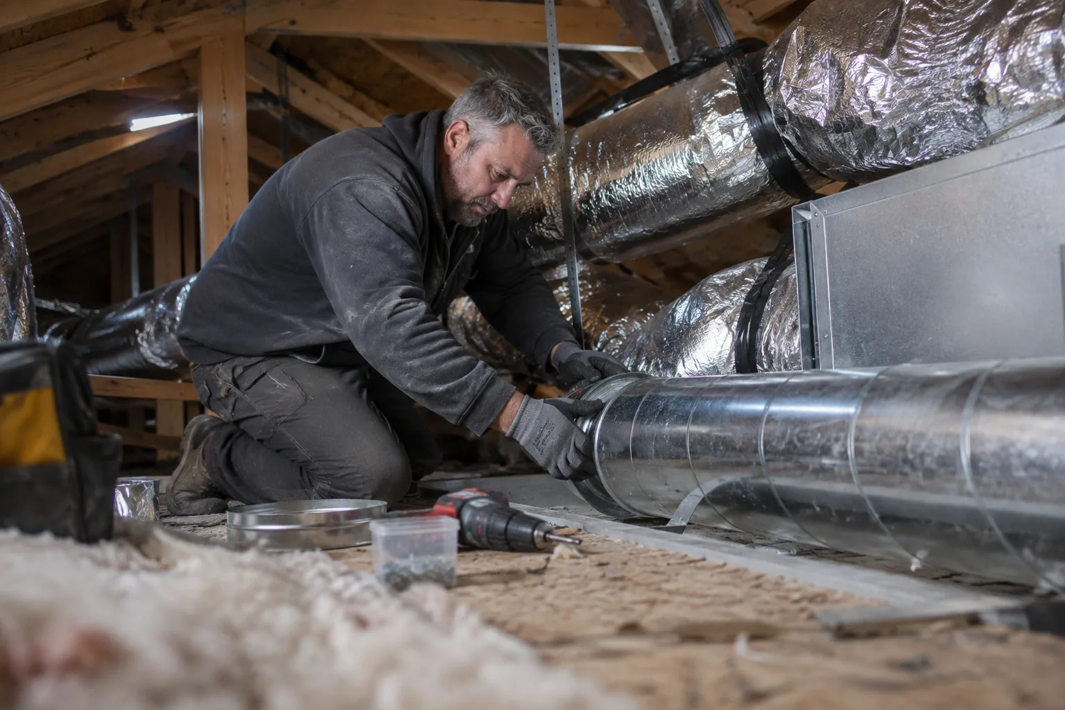 Connecting a new rigid duct section to the plenum box in an attic during an air duct replacement, using a drill and fasteners.