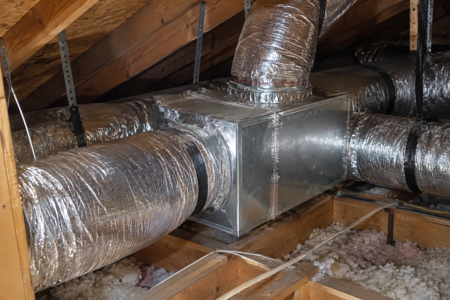 Close-up of a sheet-metal duct junction box connecting three insulated flexible ducts in an attic HVAC system.