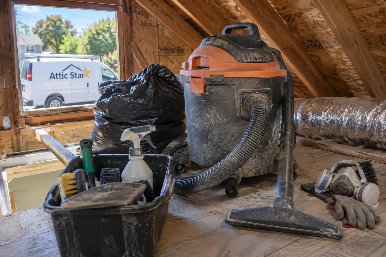 A shop vacuum, trash bags, cleaning brushes, and a respirator staged in an attic during a clean-up job, with the service van visible outside.