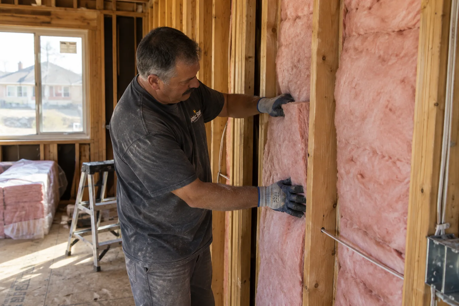 Installing fiberglass batt insulation between wall studs in a newly framed room, with insulation bundles and a ladder nearby.