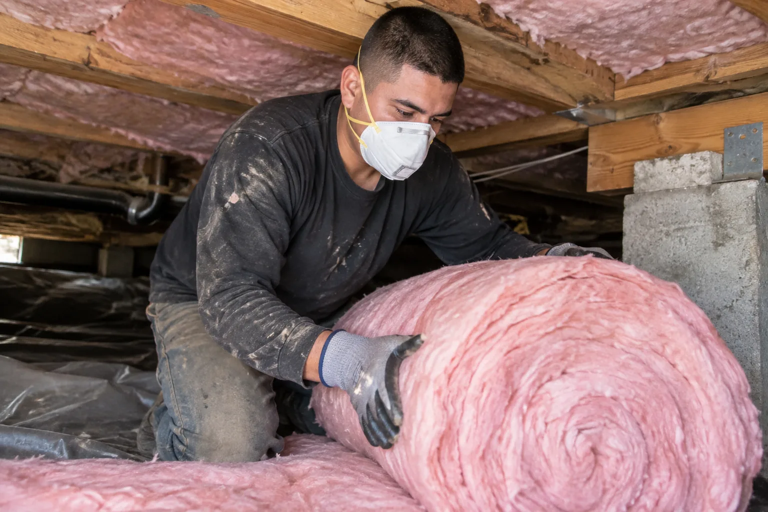 Rolling out fiberglass batt insulation across a joist bay in a crawl space, positioning it for a full, even fit.