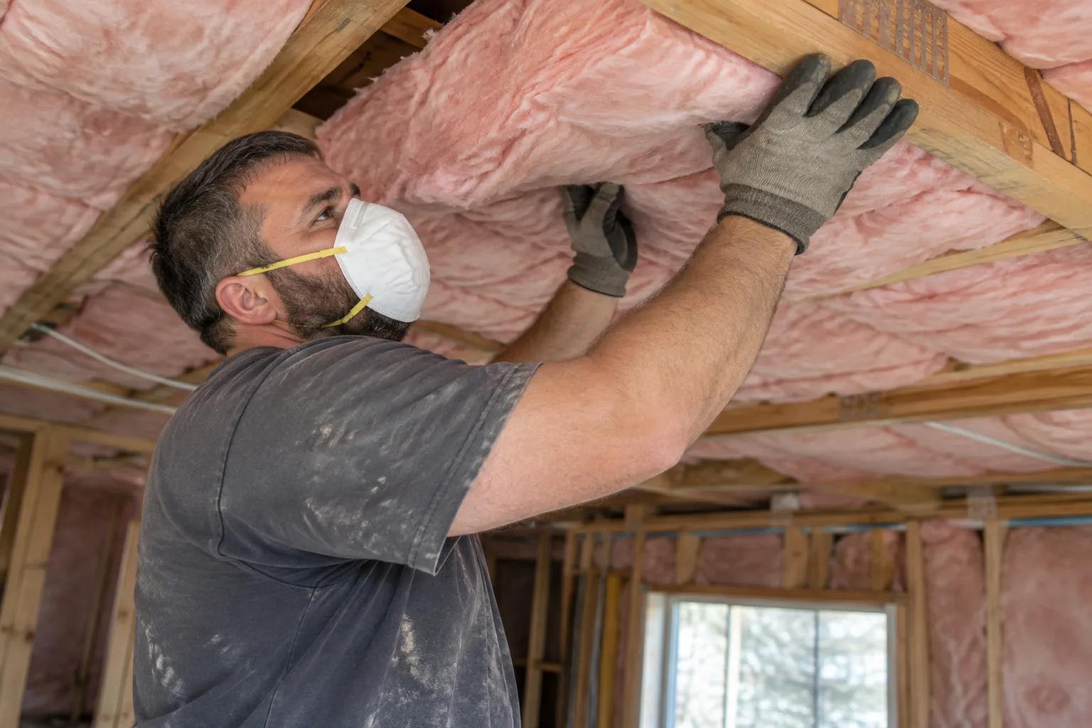 Installing pink fiberglass batt insulation between roof rafters in an attic ceiling.