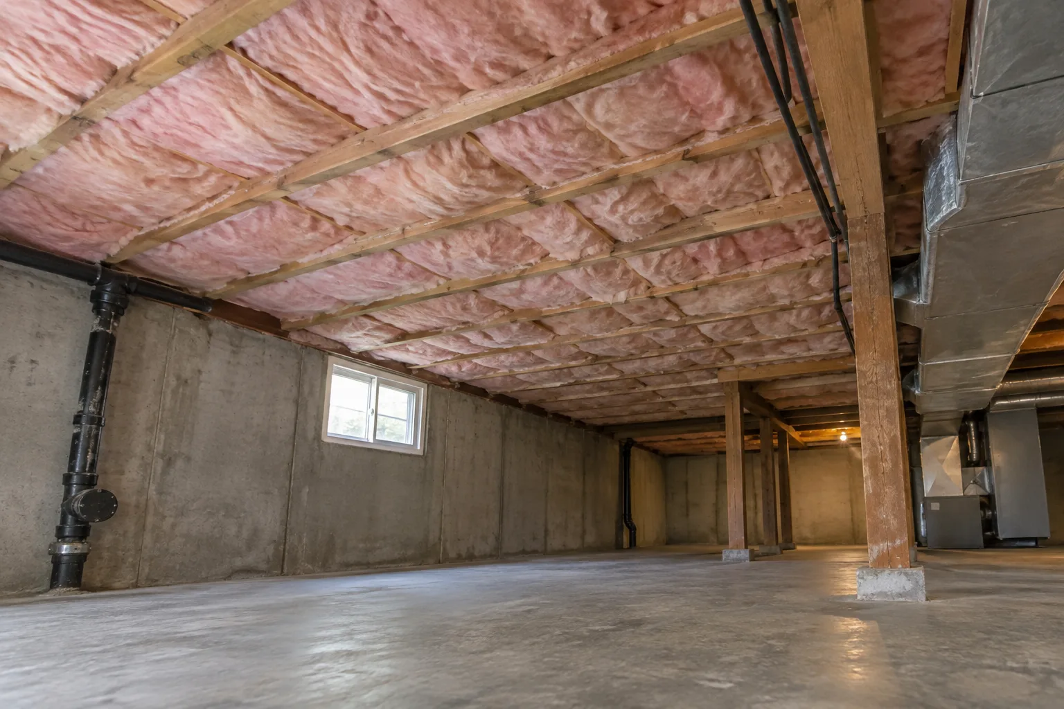 Fiberglass batt insulation installed between ceiling joists in a basement, improving thermal performance in the finished space below.