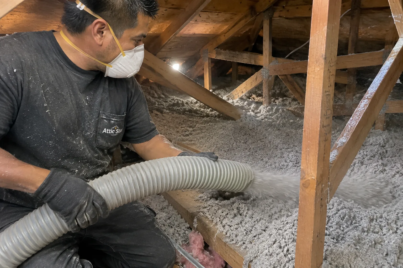 Blowing loose-fill insulation across attic floor joists with a hose, adding coverage over existing batt insulation below.