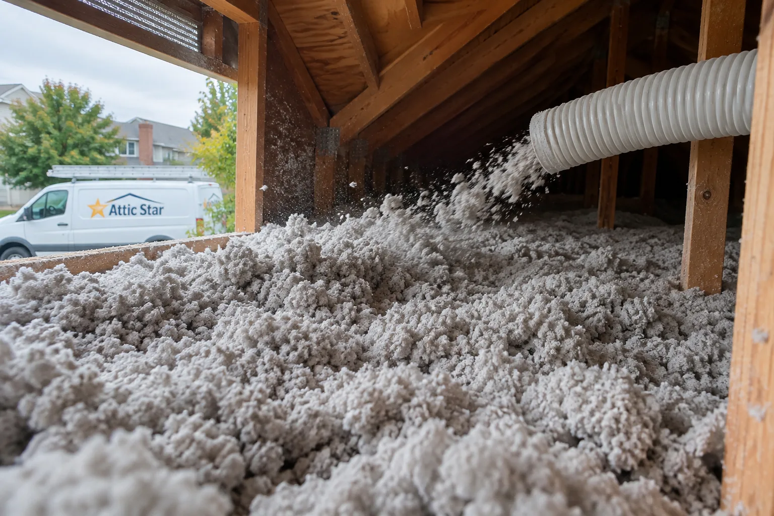 Blowing loose-fill insulation into an attic through a gable vent opening, building up coverage across the joist bays, with the service van visible outside.
