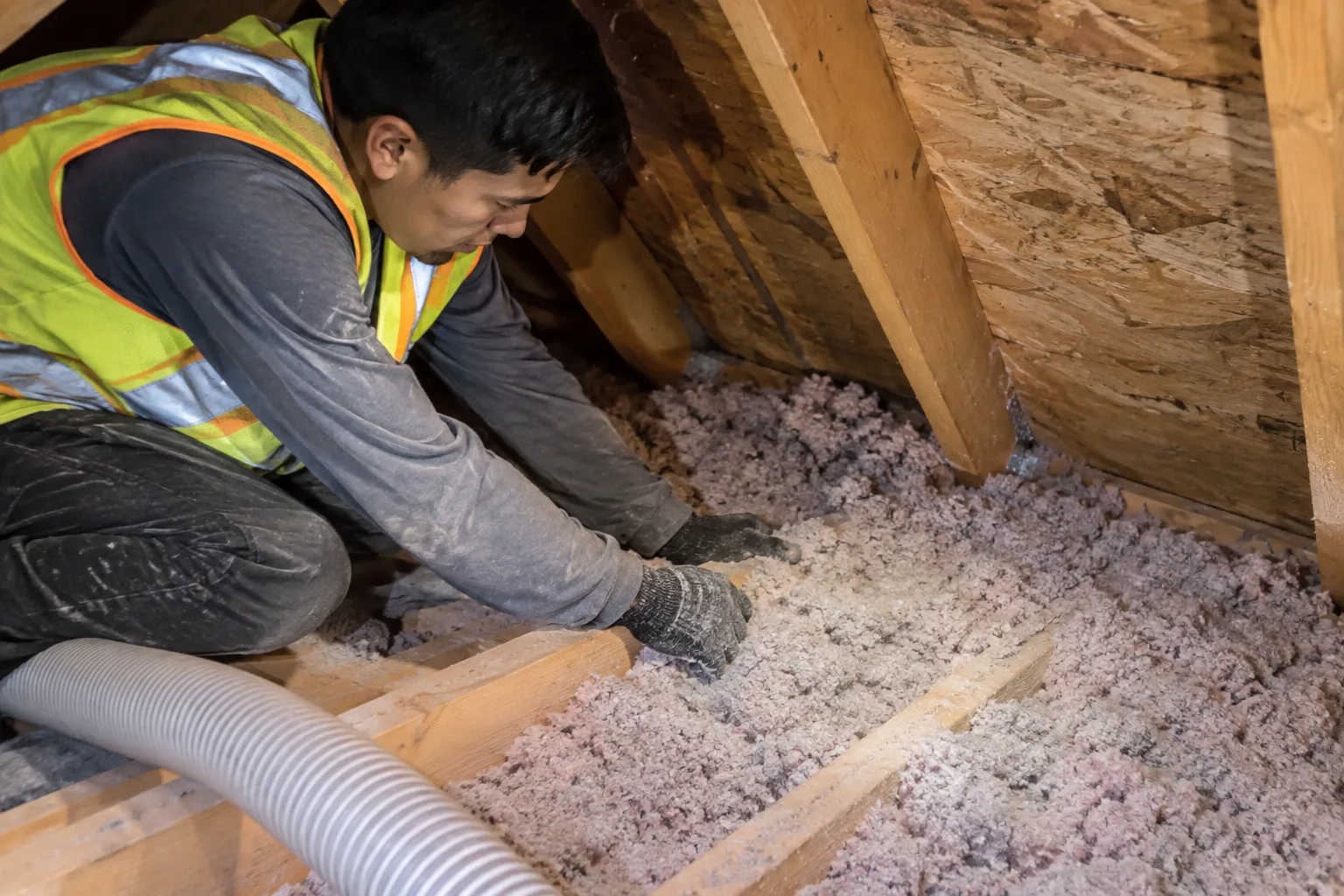 Leveling and spreading loose-fill insulation by hand across attic floor joists near ductwork to ensure even coverage.