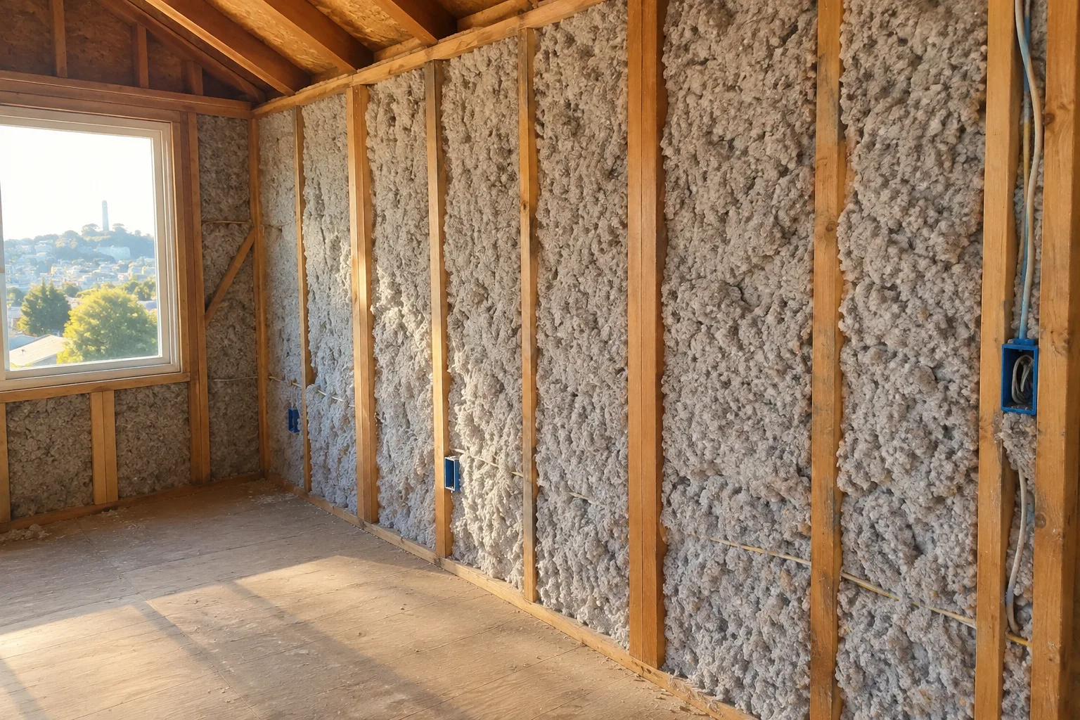 A wall cavity densely filled with blown-in loose-fill insulation as part of a whole-house insulation upgrade, framed studs visible with a window view beyond.