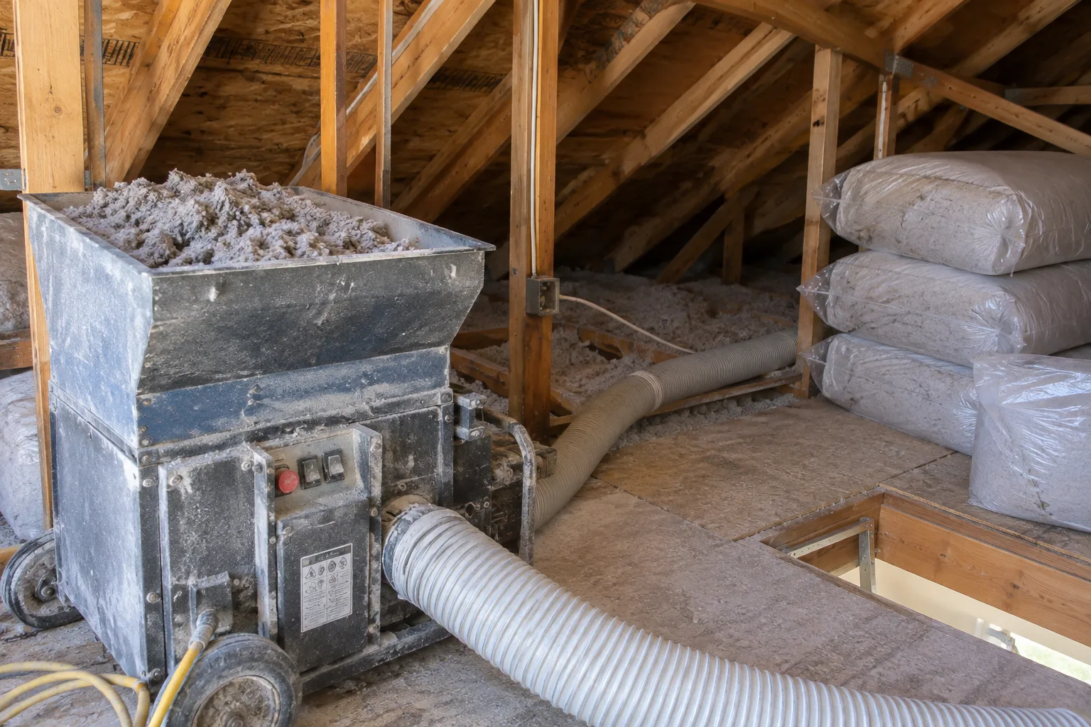 An insulation blowing machine loaded with loose-fill material and bagged insulation staged in an attic before installation.