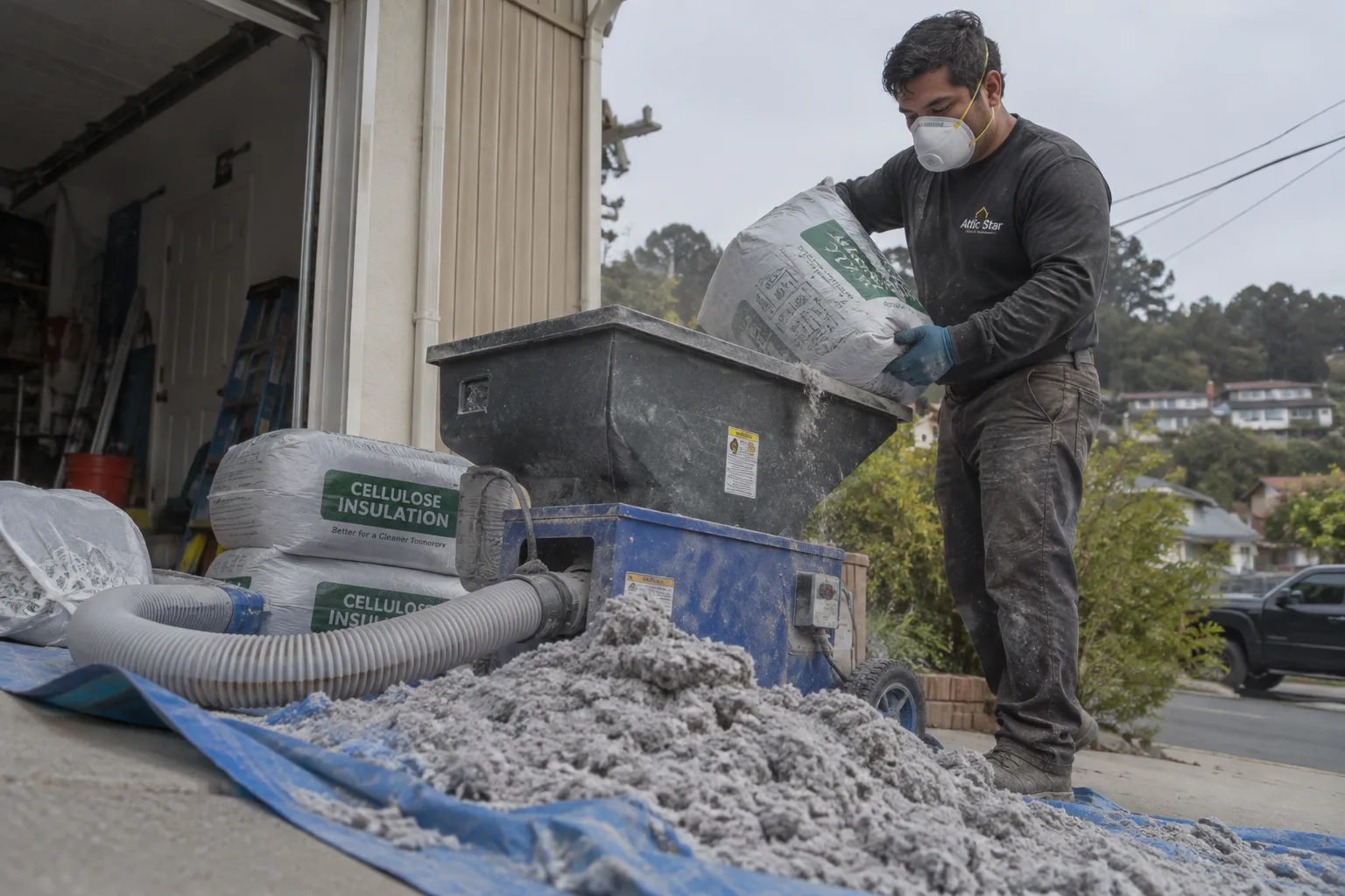 Loading a bag of cellulose insulation into a blower machine hopper outside a home before pumping it into the attic.