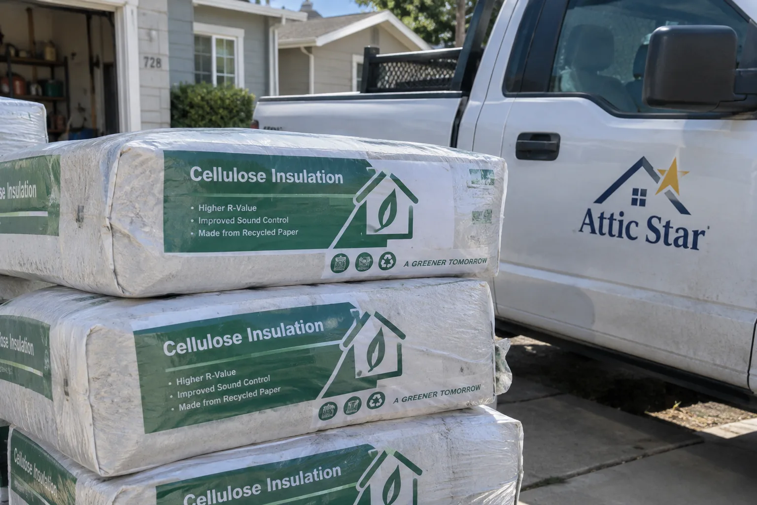 Bags of eco-friendly cellulose insulation, made from recycled paper, staged next to a service truck before installation.