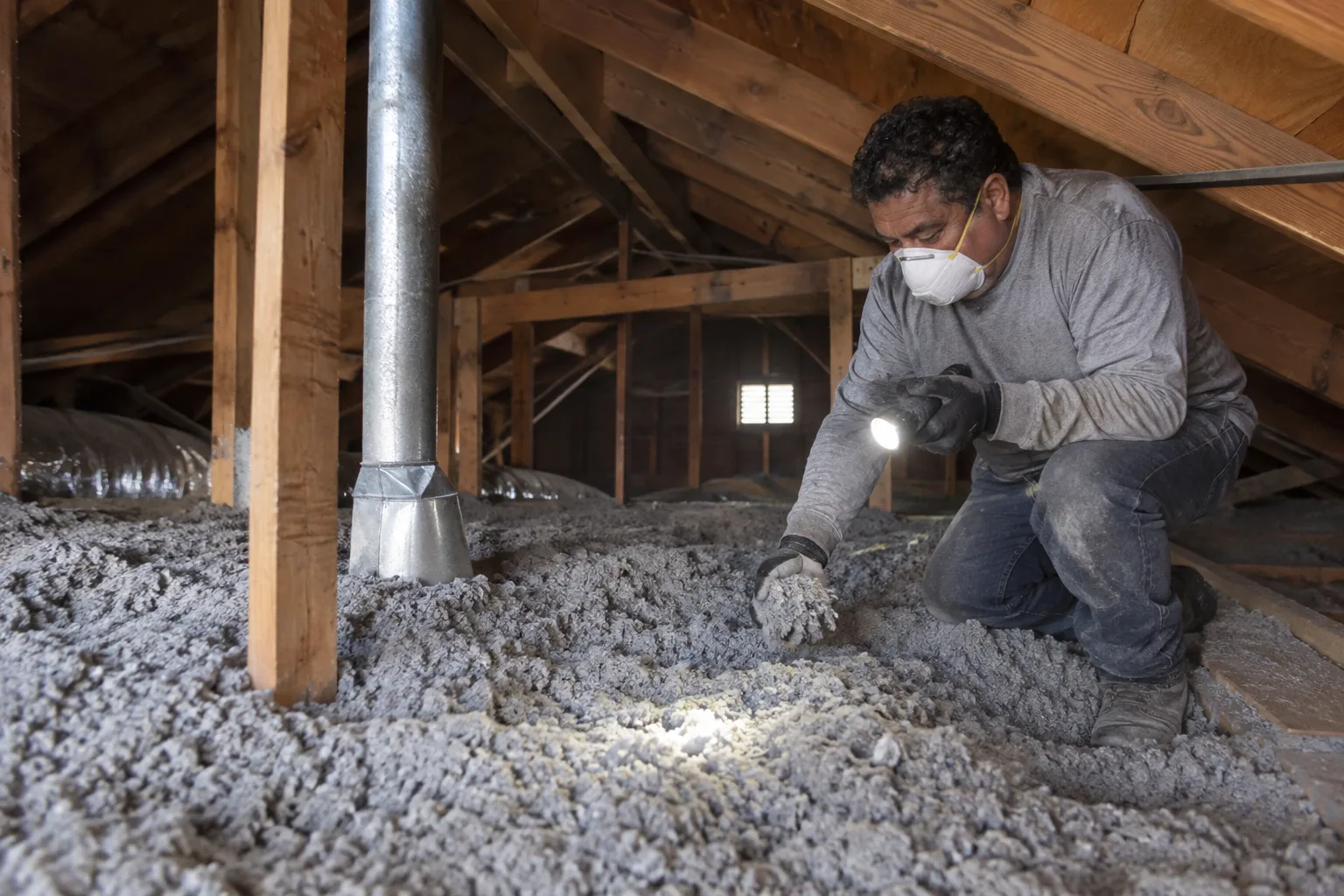 Inspecting the depth and coverage of cellulose insulation across an attic floor using a flashlight.