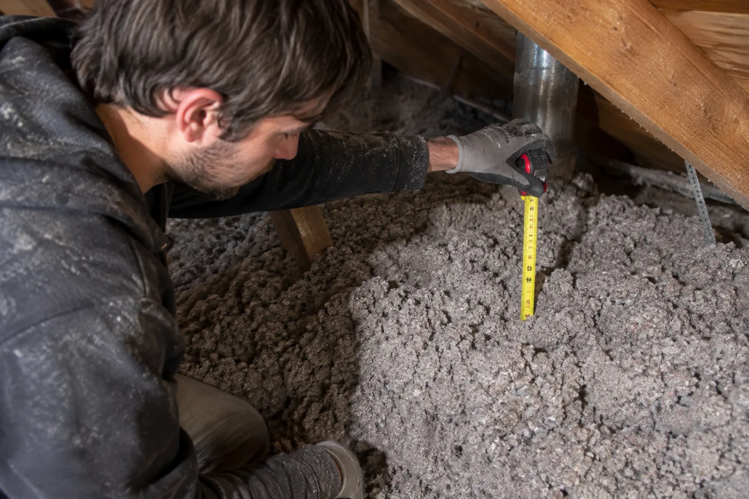 Measuring the depth of installed cellulose insulation in an attic with a tape measure to verify proper coverage.