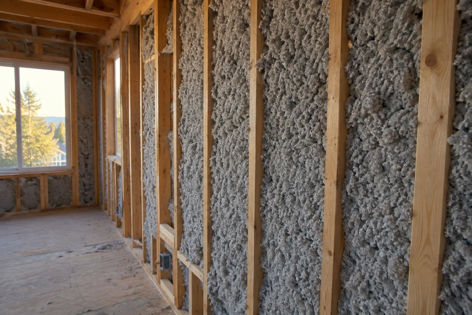 Wall cavities densely filled with blown-in cellulose insulation in a home under renovation, with exposed stud framing and a window view.