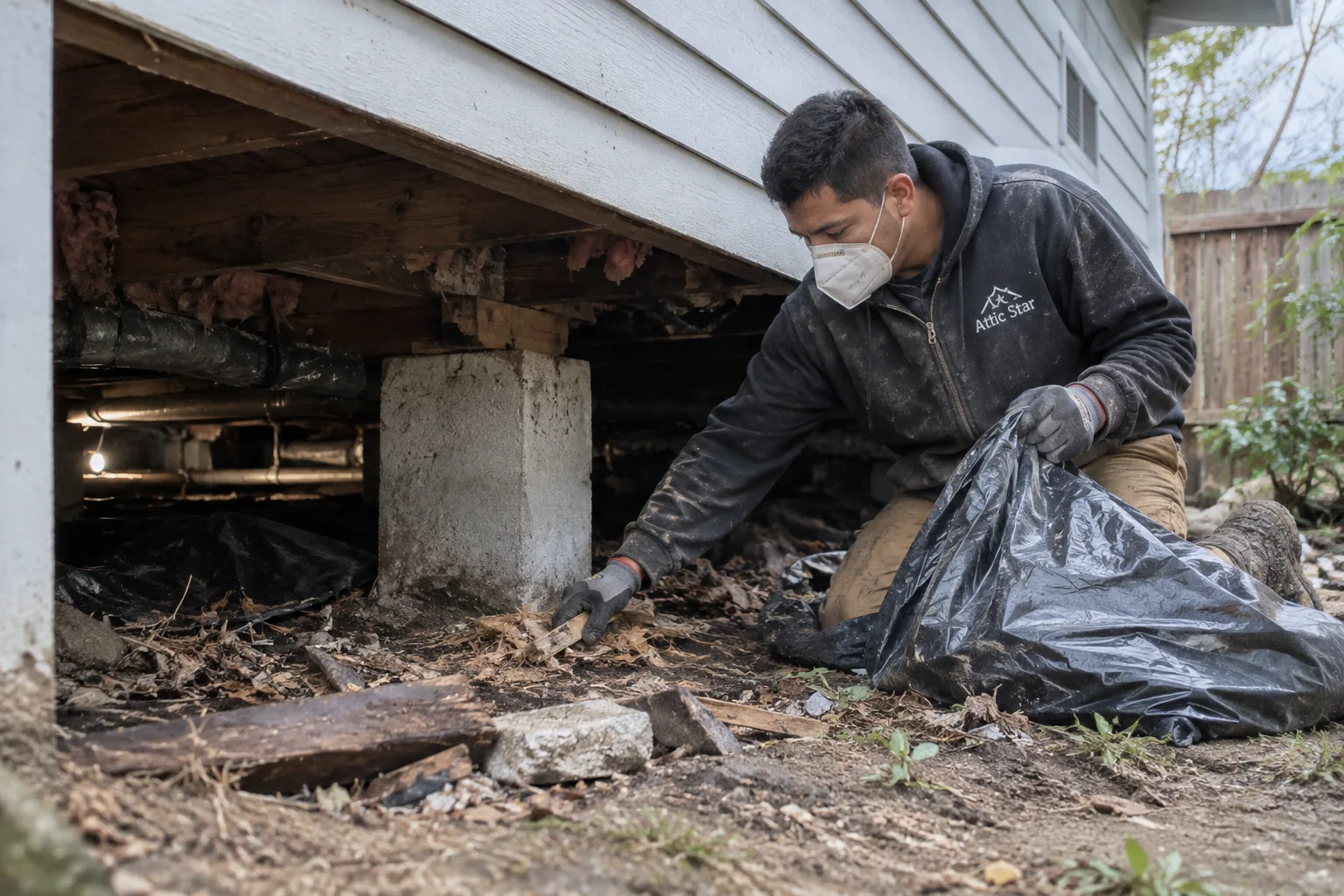 Clearing debris and old insulation from a crawl space beneath a home's exterior wall, bagging contaminated material for removal ahead of cleaning and sealing.