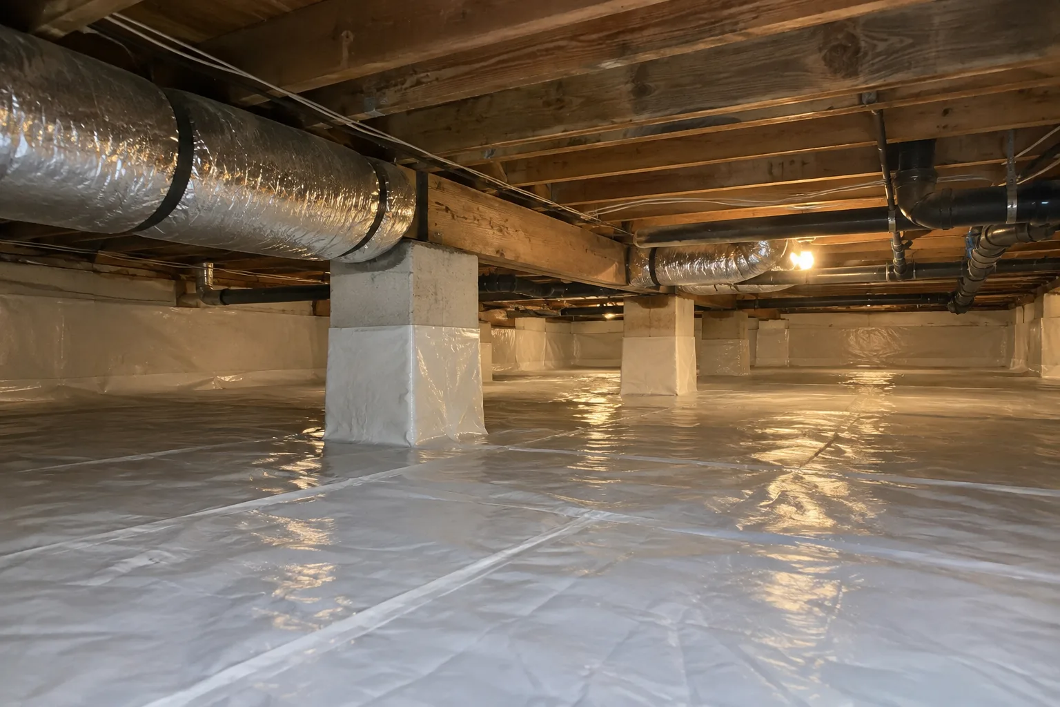 A crawl space fitted with a clean white vapor barrier across the floor and encapsulated support piers, with insulated ductwork and a dehumidifier installed overhead.