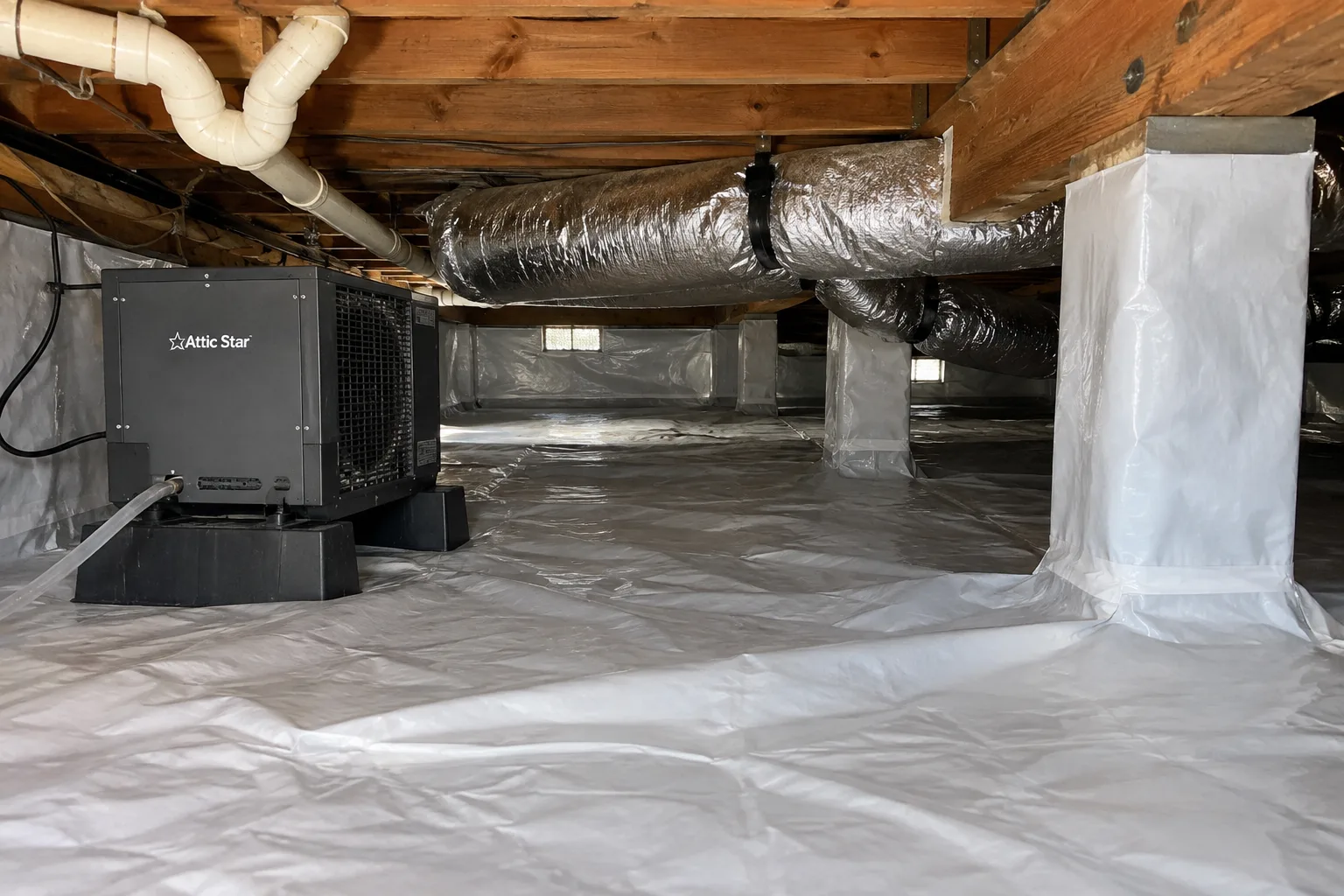 A fully encapsulated crawl space with sealed vapor barrier walls and flooring, an Attic Star dehumidifier unit, and wrapped ductwork overhead to control moisture.