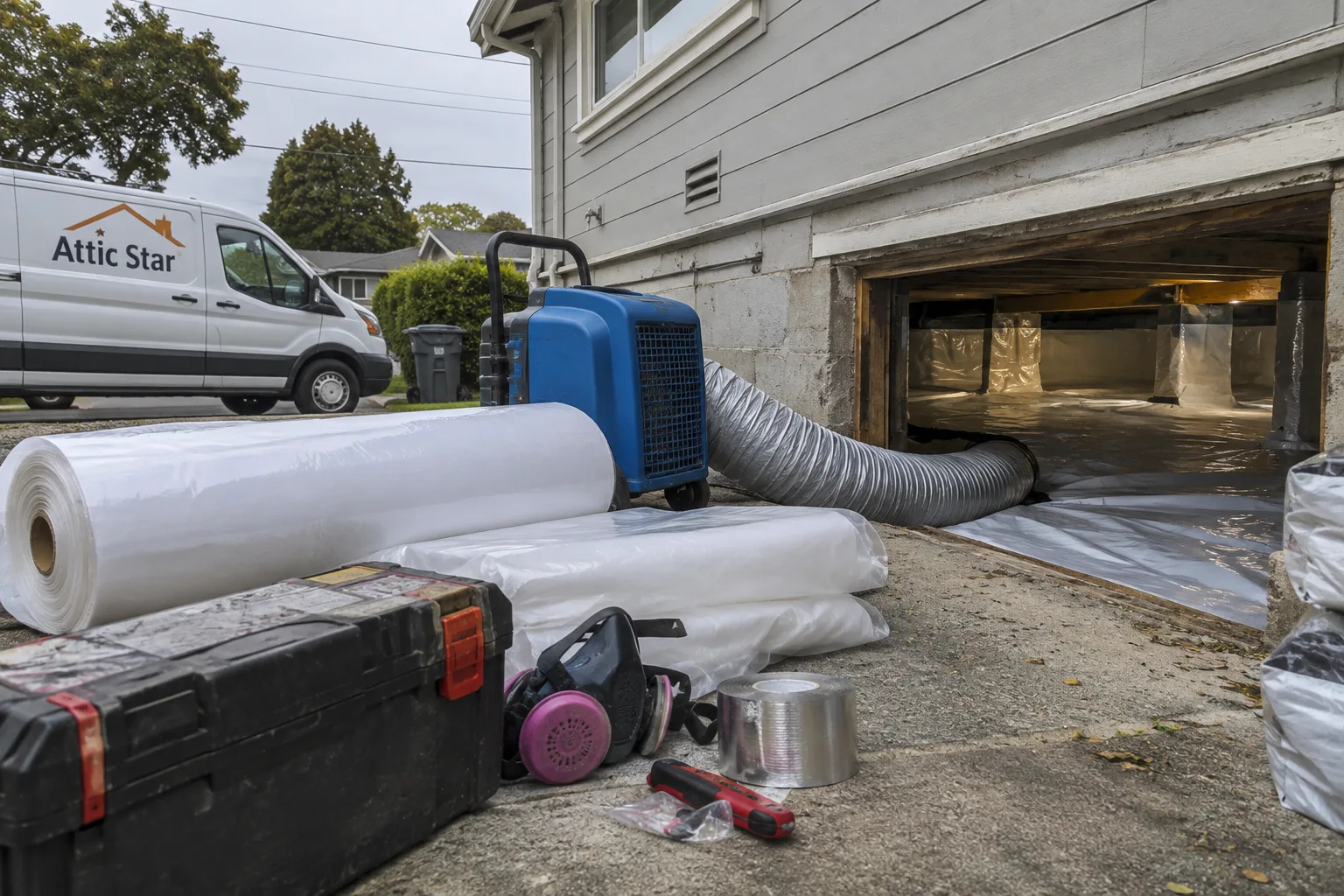 Encapsulation materials and equipment staged outside a crawl space access, including a dehumidifier, rolled vapor barrier sheeting, and sealing tape, ready for installation.