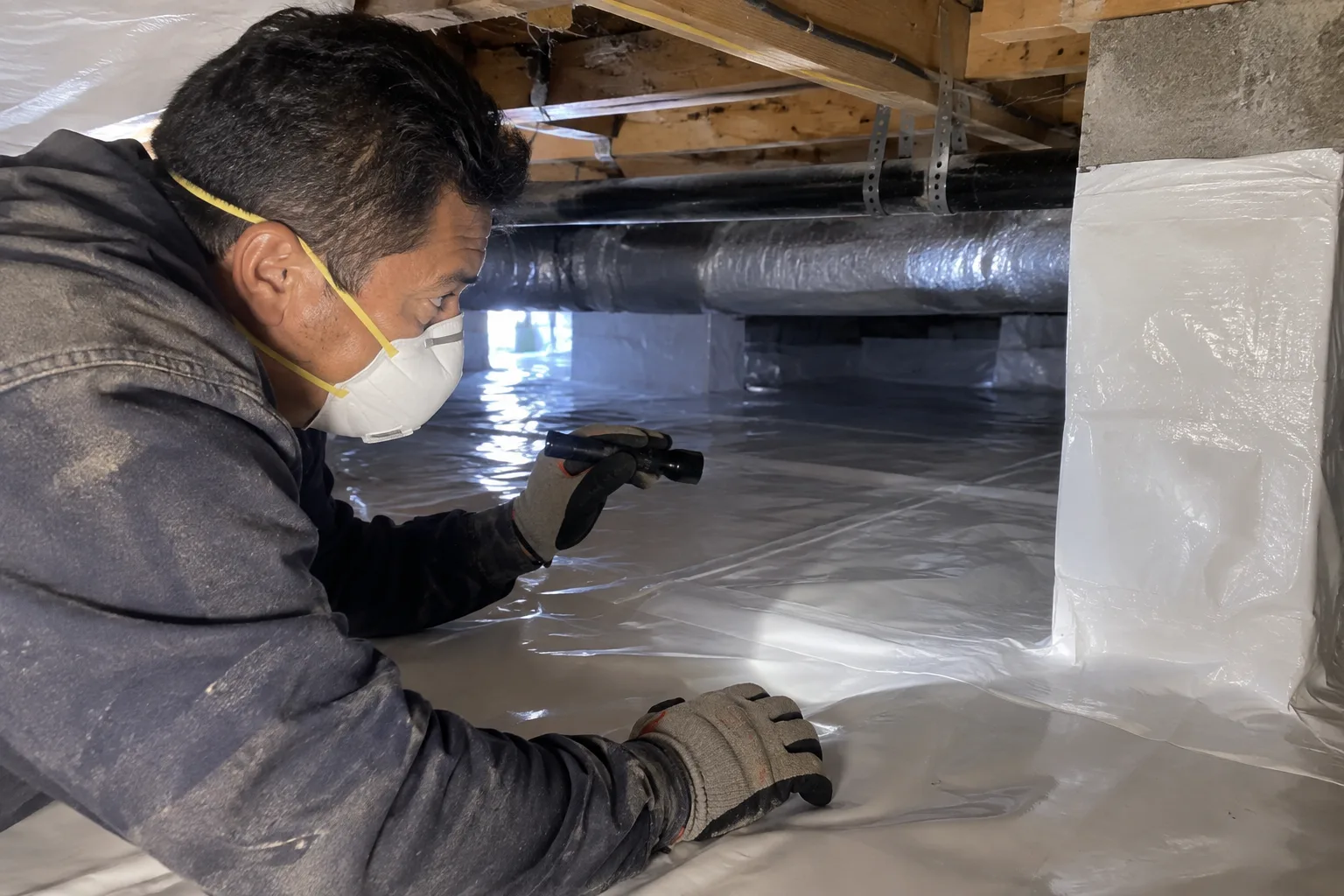 Inspecting the sealed seams of a vapor barrier in an encapsulated crawl space with a flashlight to verify a tight, moisture-resistant installation.