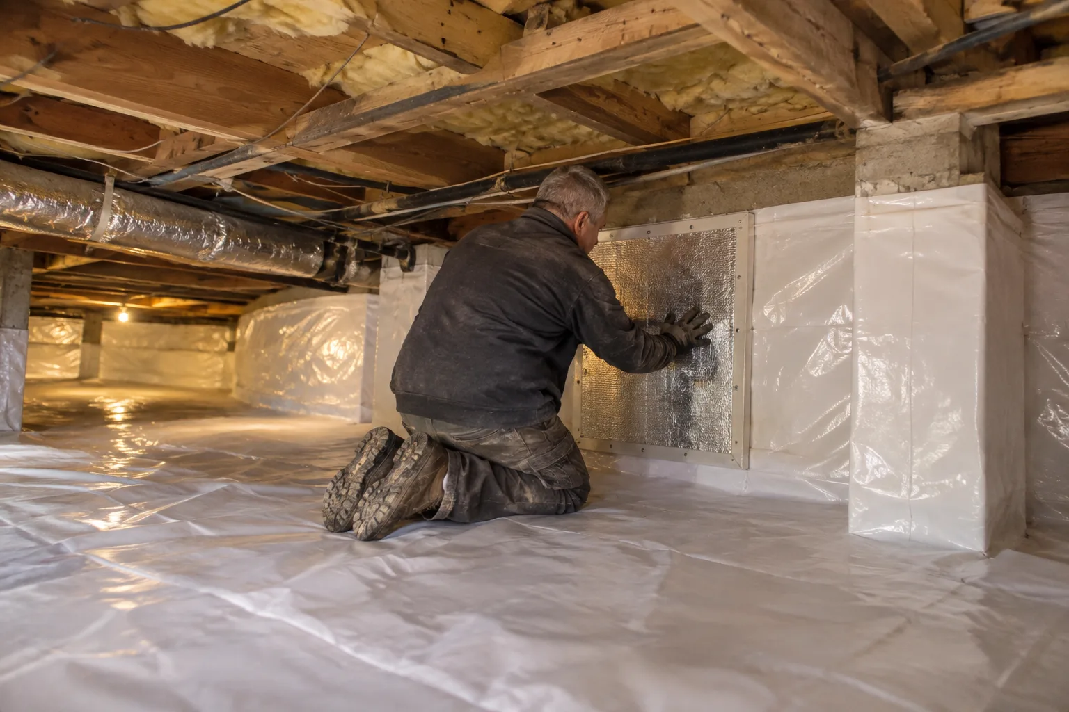 Installing a reflective insulation panel against a crawl space foundation wall as part of a full encapsulation system.