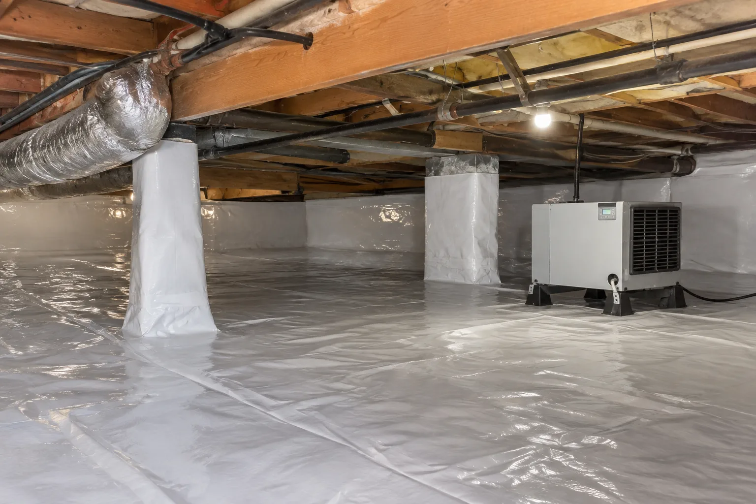 A fully encapsulated crawl space with sealed vapor barrier flooring and piers, insulated ductwork overhead, and a dehumidifier unit installed to regulate humidity.