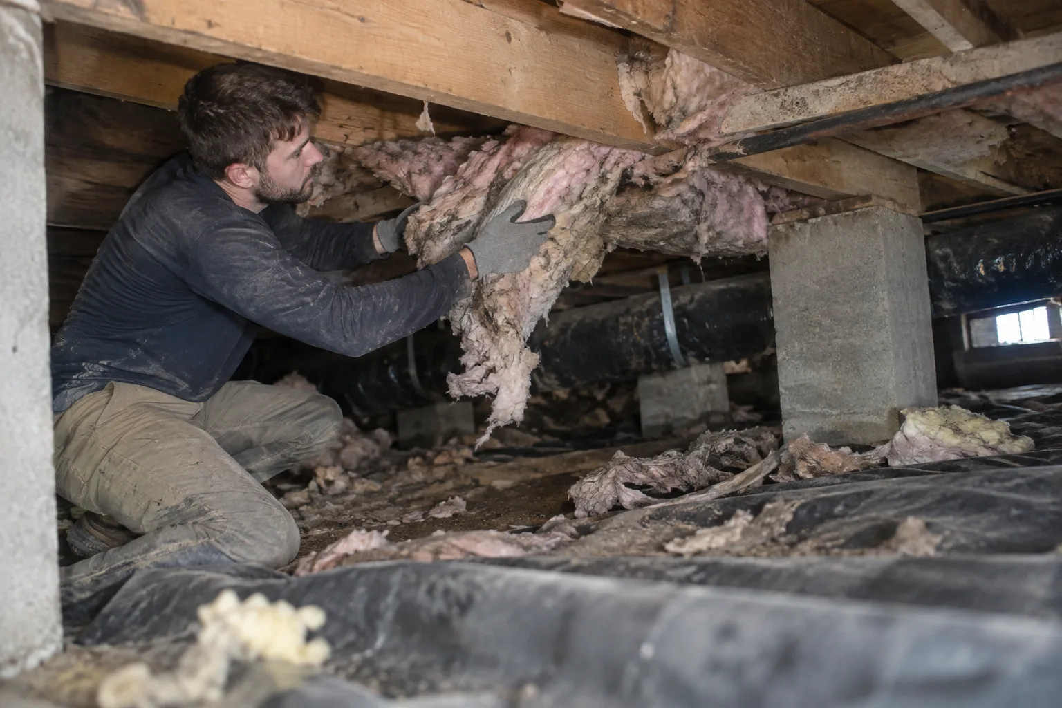 Pulling down old, degraded fiberglass insulation from crawl space floor joists to prepare the area for new insulation.