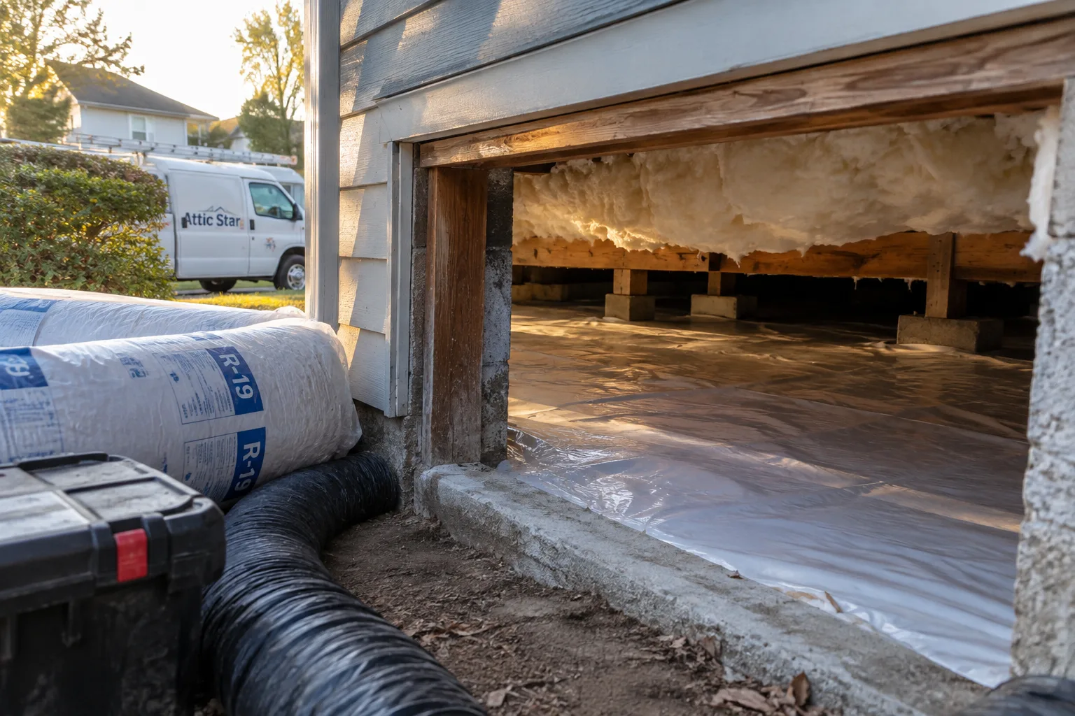 Freshly applied spray foam insulation along a crawl space rim joist, with a sealed vapor barrier floor and rolled R-19 batt insulation staged at the access opening.