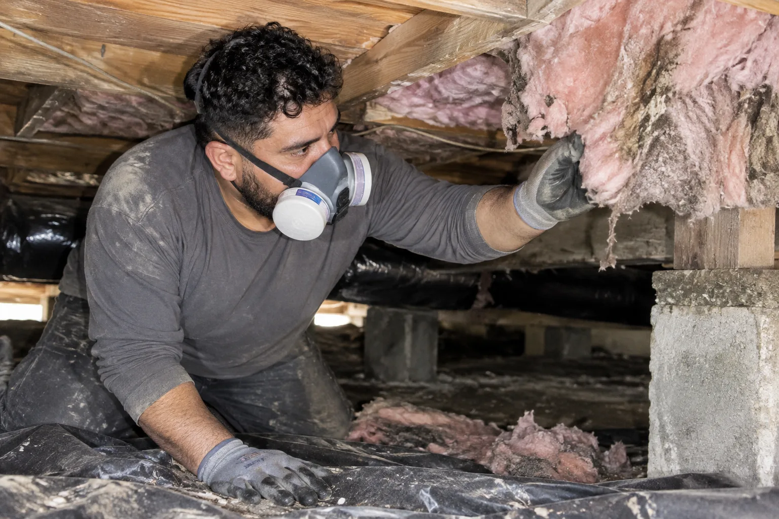 Removing deteriorated, discolored fiberglass insulation from crawl space floor joists before installing replacement insulation.