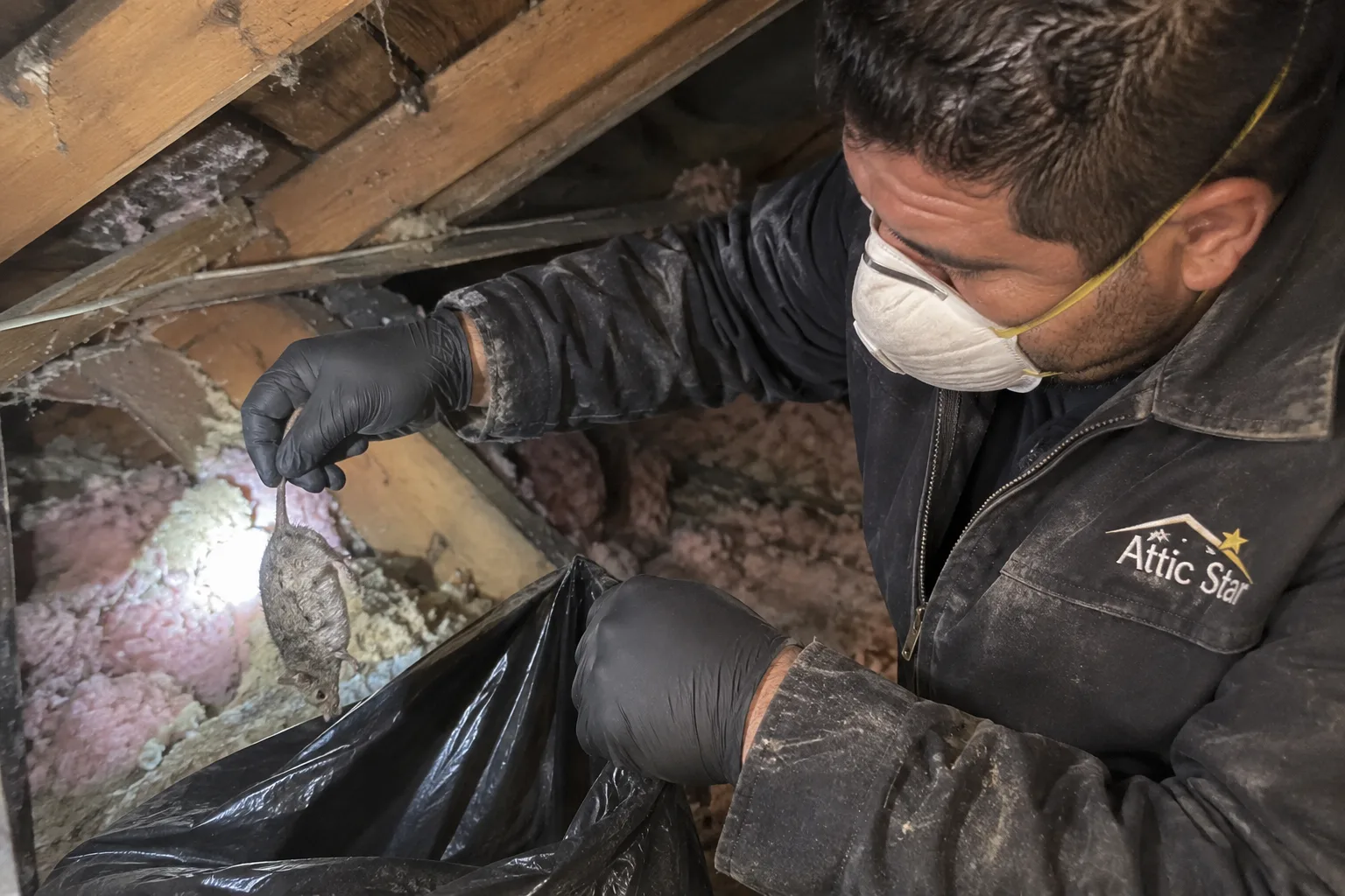 Removing a deceased rodent from attic insulation and placing it into a disposal bag as part of dead animal removal and cleanup.