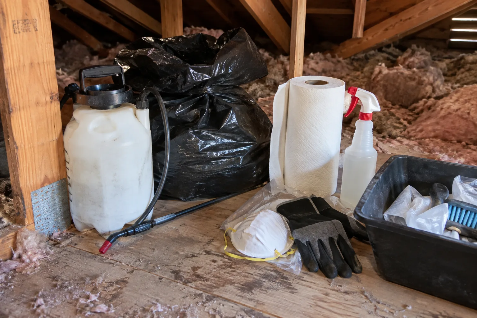 Sanitation and removal supplies staged in an attic, including a pump sprayer, disposal bags, paper towels, a respirator, gloves, and cleaning tools, ready for dead animal cleanup and odor treatment.