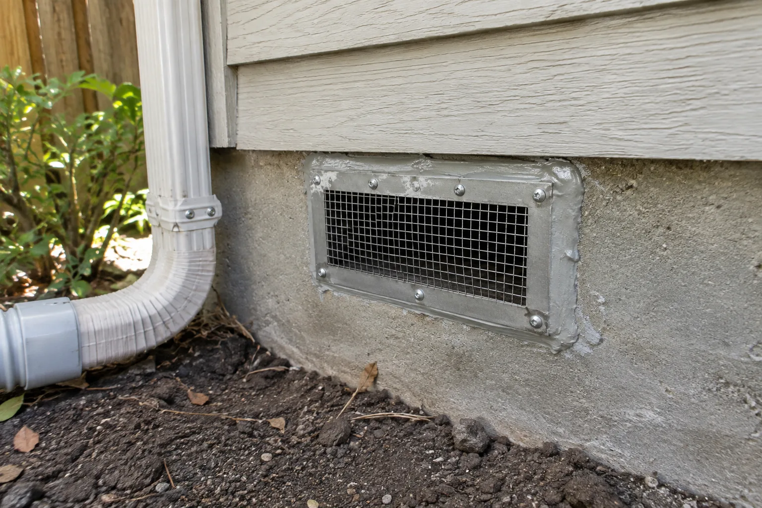 A foundation vent professionally screened and sealed with wire mesh and sealant to prevent future wildlife entry after dead animal removal.