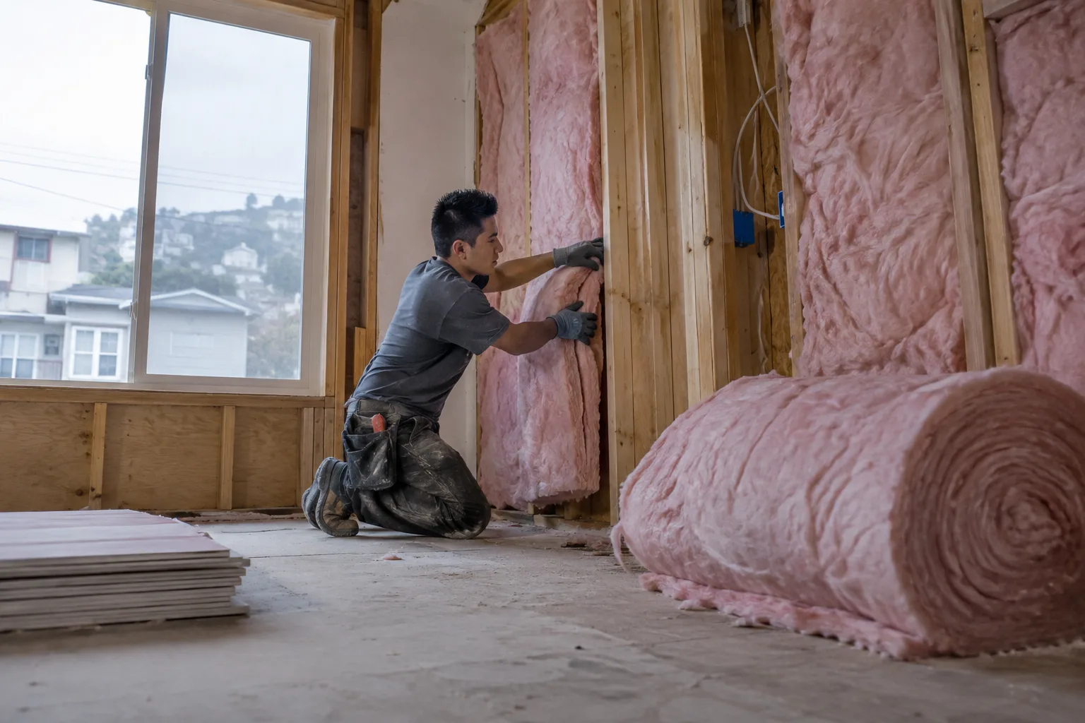 Fitting a fiberglass insulation batt into an open wall stud cavity during interior renovation work, with additional rolls staged nearby.