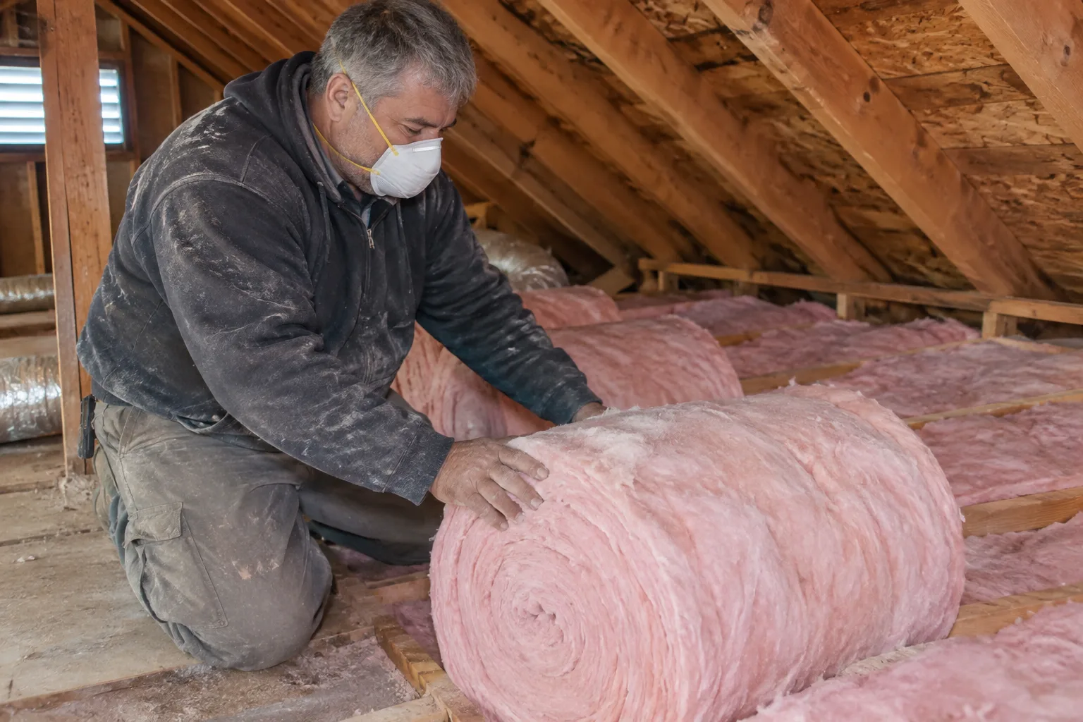 Positioning a large fiberglass insulation roll between attic ceiling joists alongside previously installed batts for full coverage.
