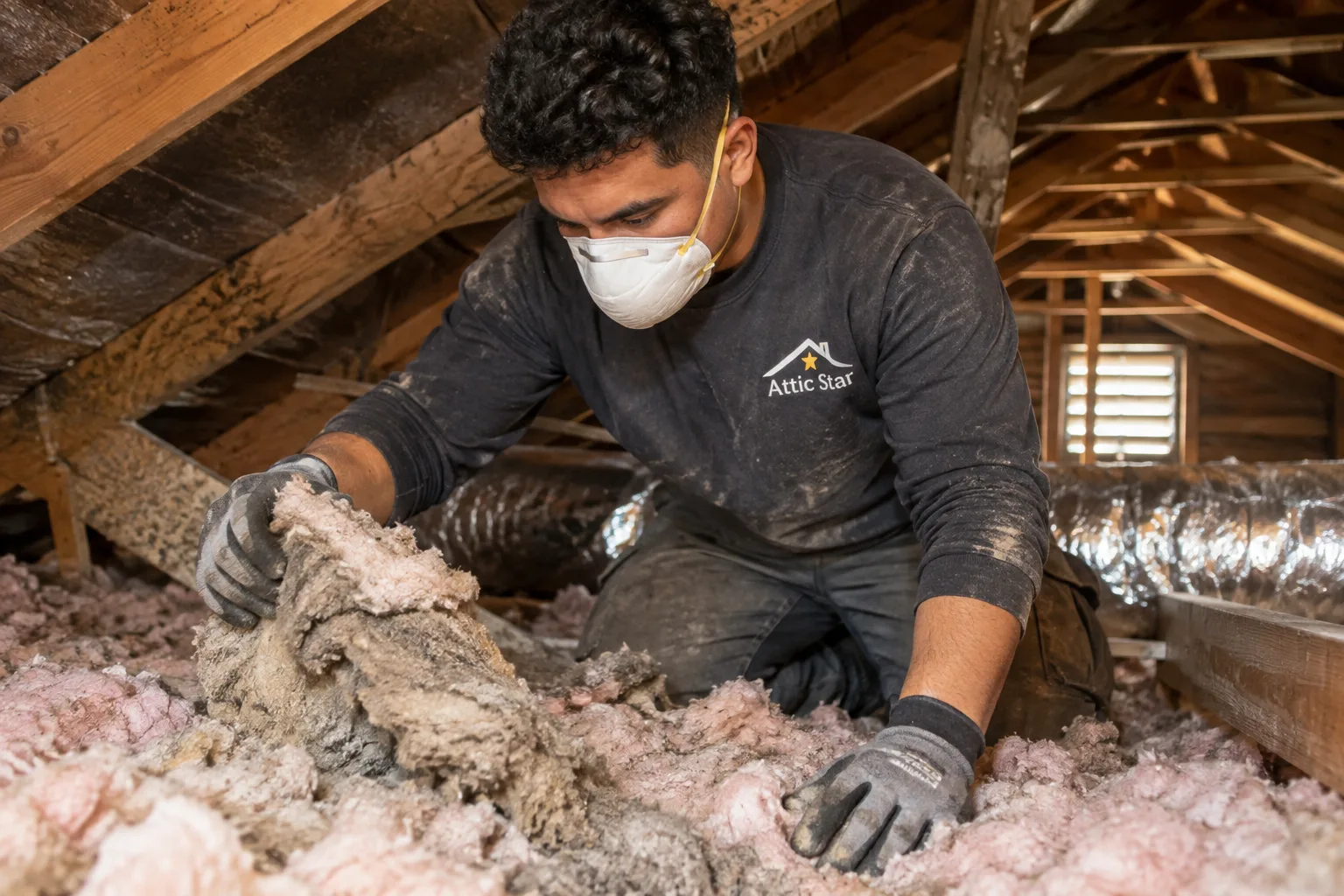 Removing old, heavily soiled fiberglass insulation by hand from an attic floor, clearing the joist bays before new insulation is installed.