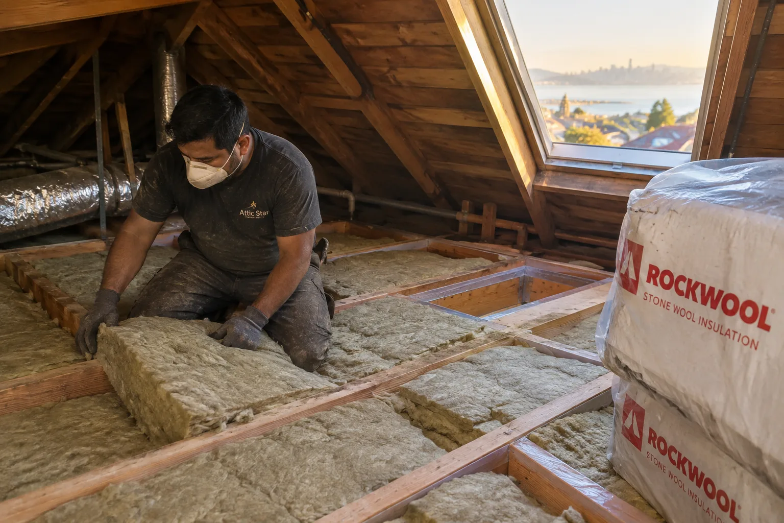 Fitting Rockwool stone wool insulation batts between attic floor joists, with additional labeled Rockwool R-38 batt packaging staged nearby.