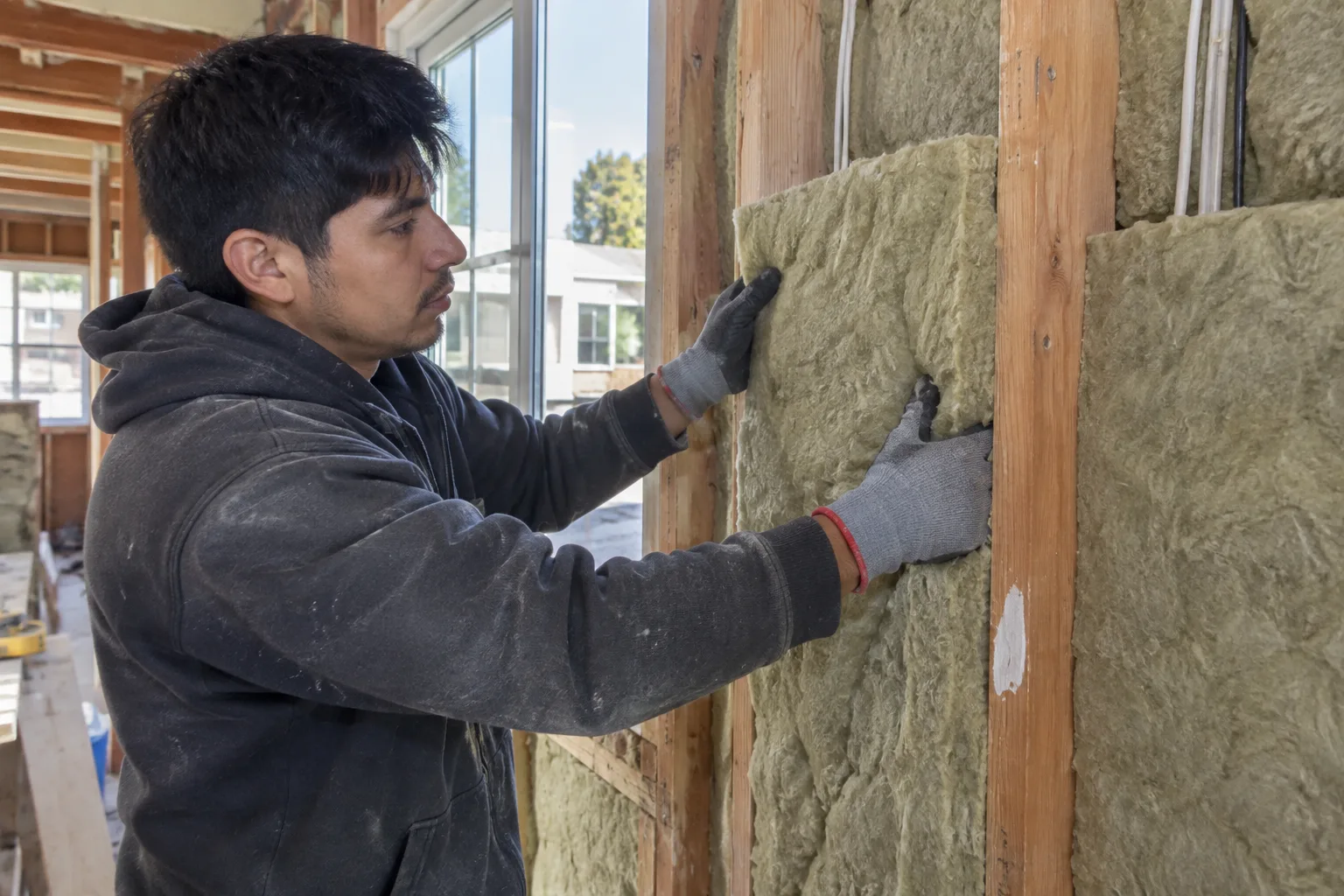 Installing Rockwool stone wool batt insulation into an exterior wall stud cavity during a home framing and insulation project.