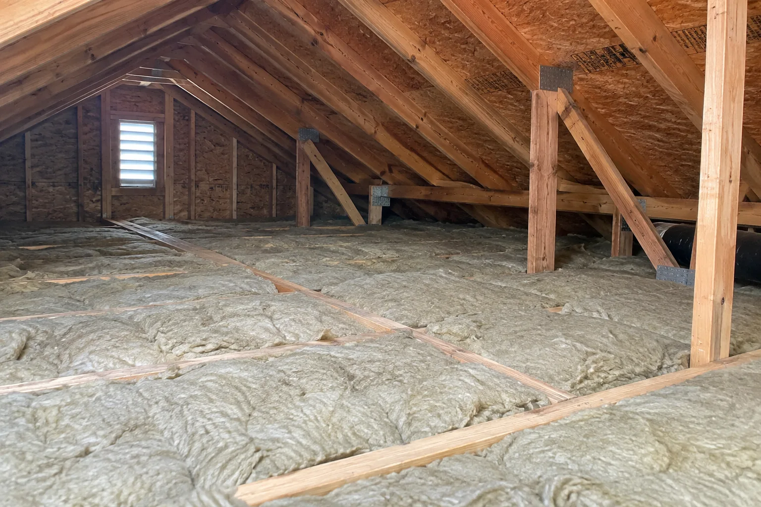 An attic floor fully covered with Rockwool stone wool insulation batts fitted between floor joists for complete thermal and sound coverage.