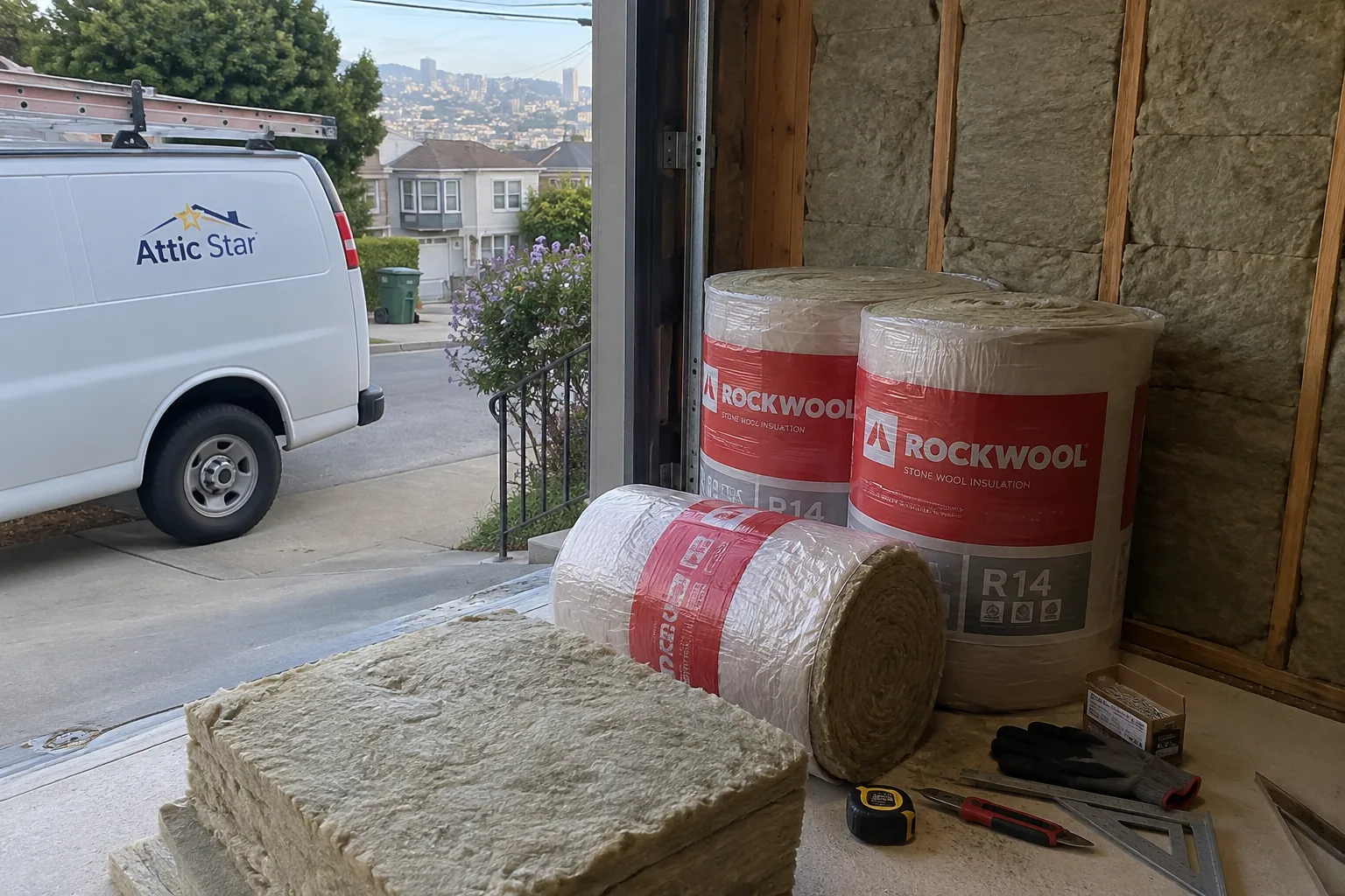 Rolls and cut sections of Rockwool stone wool insulation staged at a home's entry, ready for installation, with a service van parked outside.