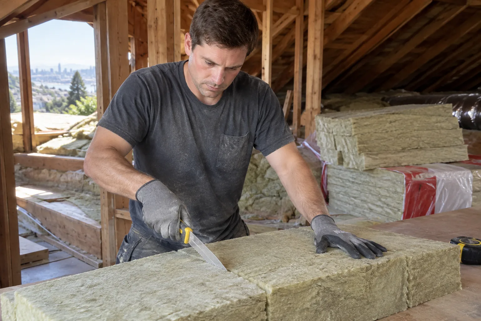 Cutting a Rockwool stone wool insulation batt to size on a workbench in an open attic space, with additional batts and duct insulation staged in the background.