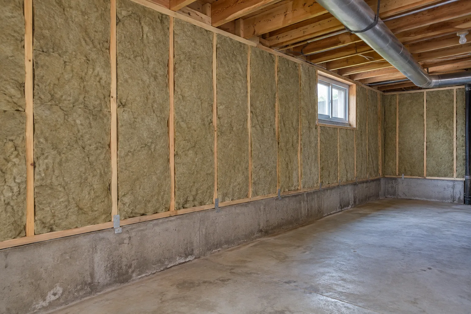 A basement or crawl space wall fully insulated with Rockwool stone wool batts installed between exposed wall studs above a concrete foundation.