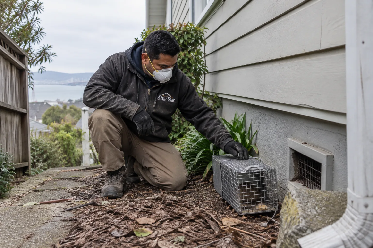 A humane rodent trap holding a captured rat placed beside a foundation vent outside a home, part of an active rodent trapping service.