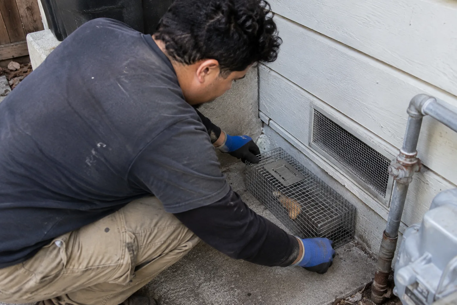 A row of humane rodent traps, including one with a captured rat, set along a home's foundation near vent openings as part of a trapping program.