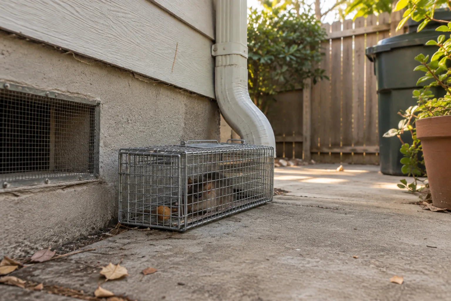 Checking a humane rodent trap set at a foundation vent, with a service van parked nearby during an active trapping visit.