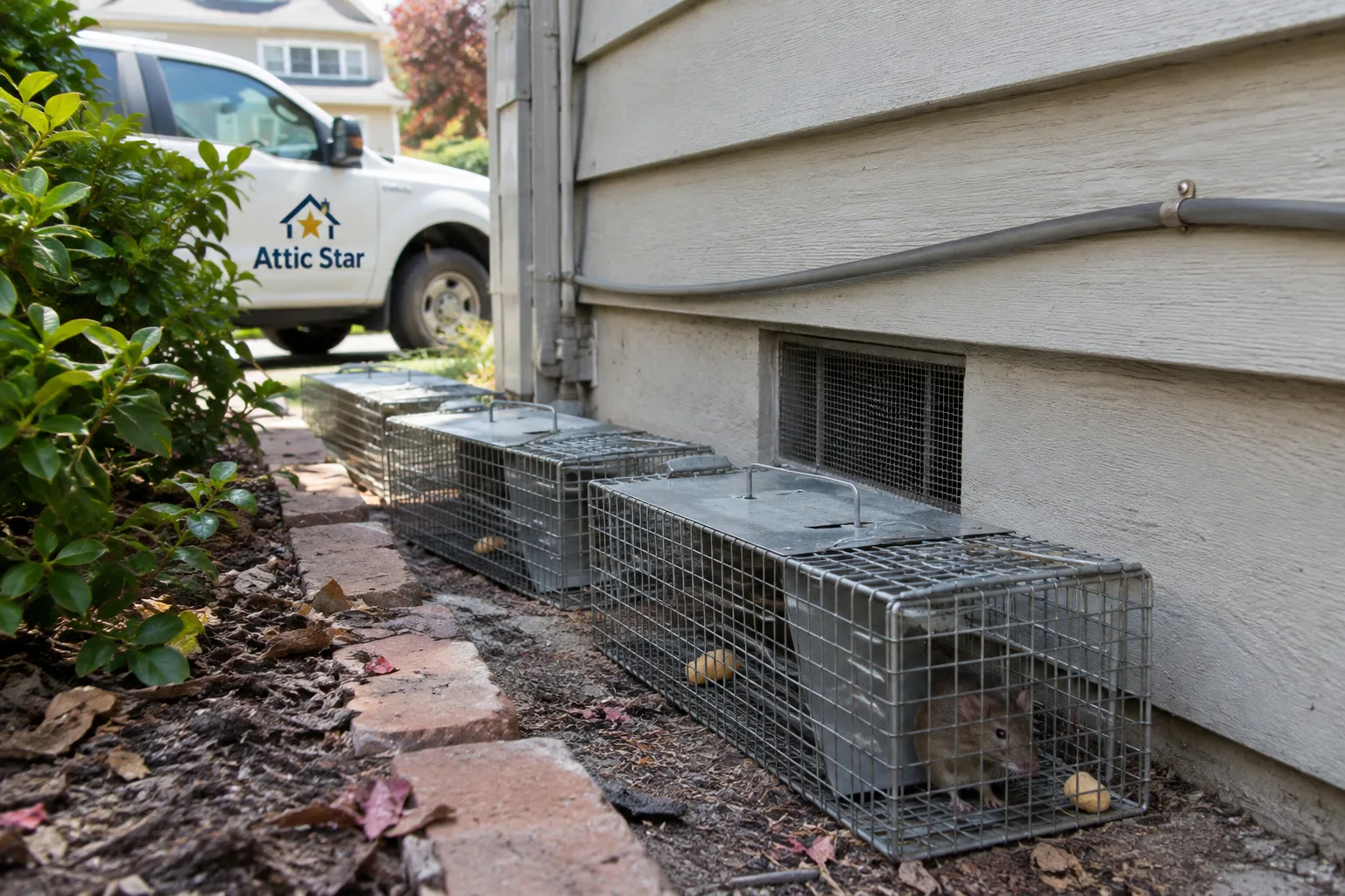 Checking a humane rodent trap positioned at a foundation vent near the gas meter outside a home.