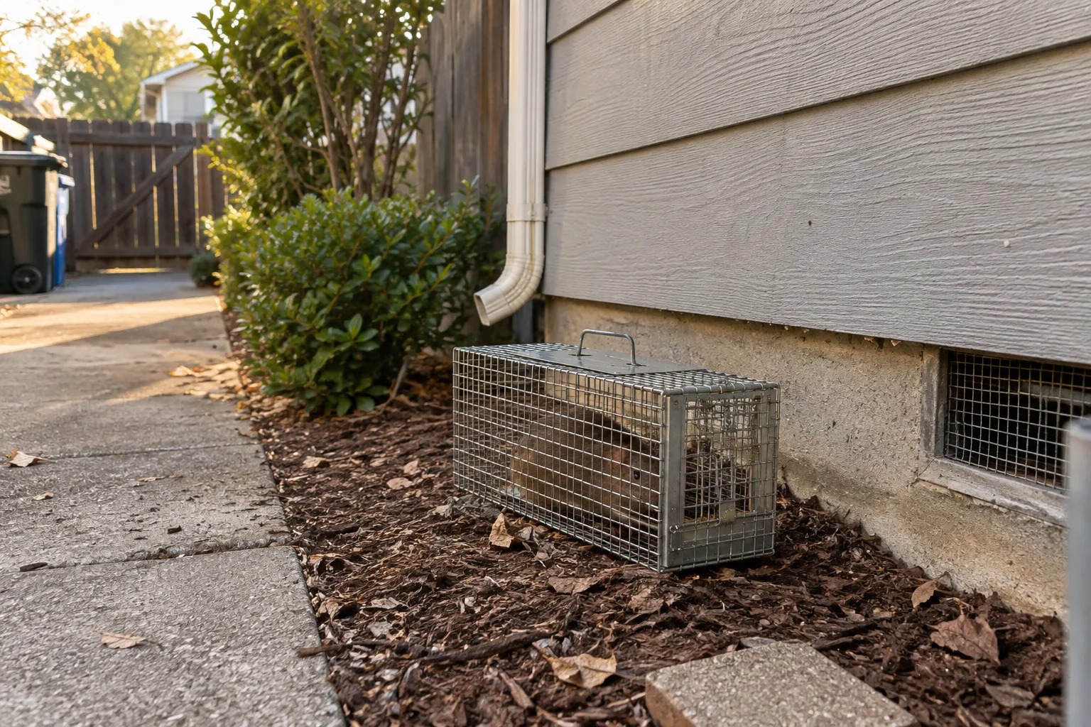 A humane rodent trap containing a captured rat set outside near a home's foundation and gutter downspout, part of a rodent removal service.