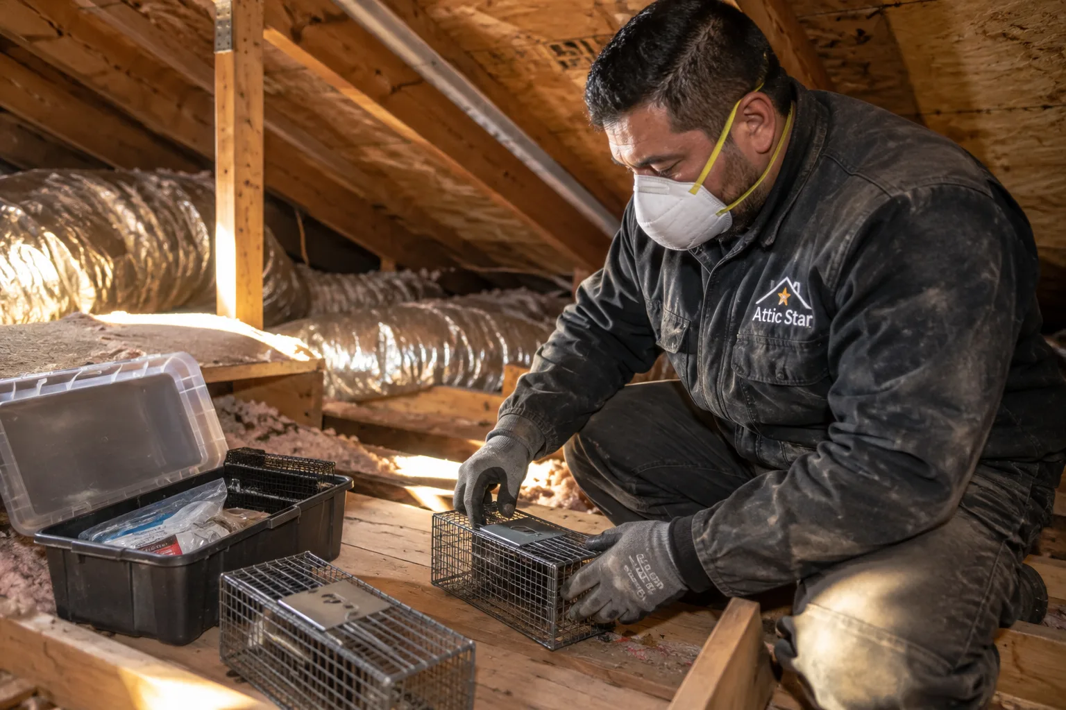 Setting humane rodent traps in an attic beside a storage bin of trapping supplies as part of an active rodent removal service.